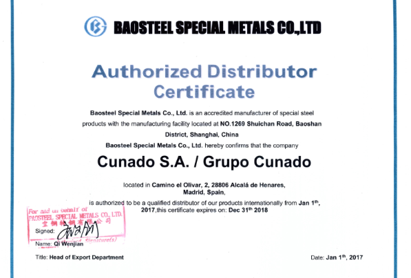 Baosteel Certificate