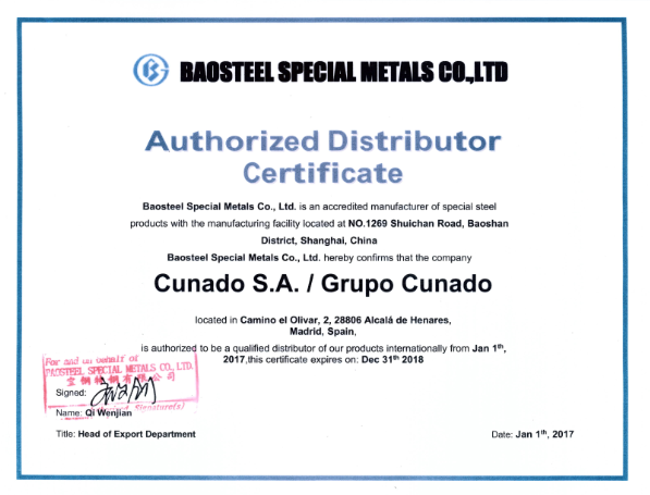 Baosteel Certificate